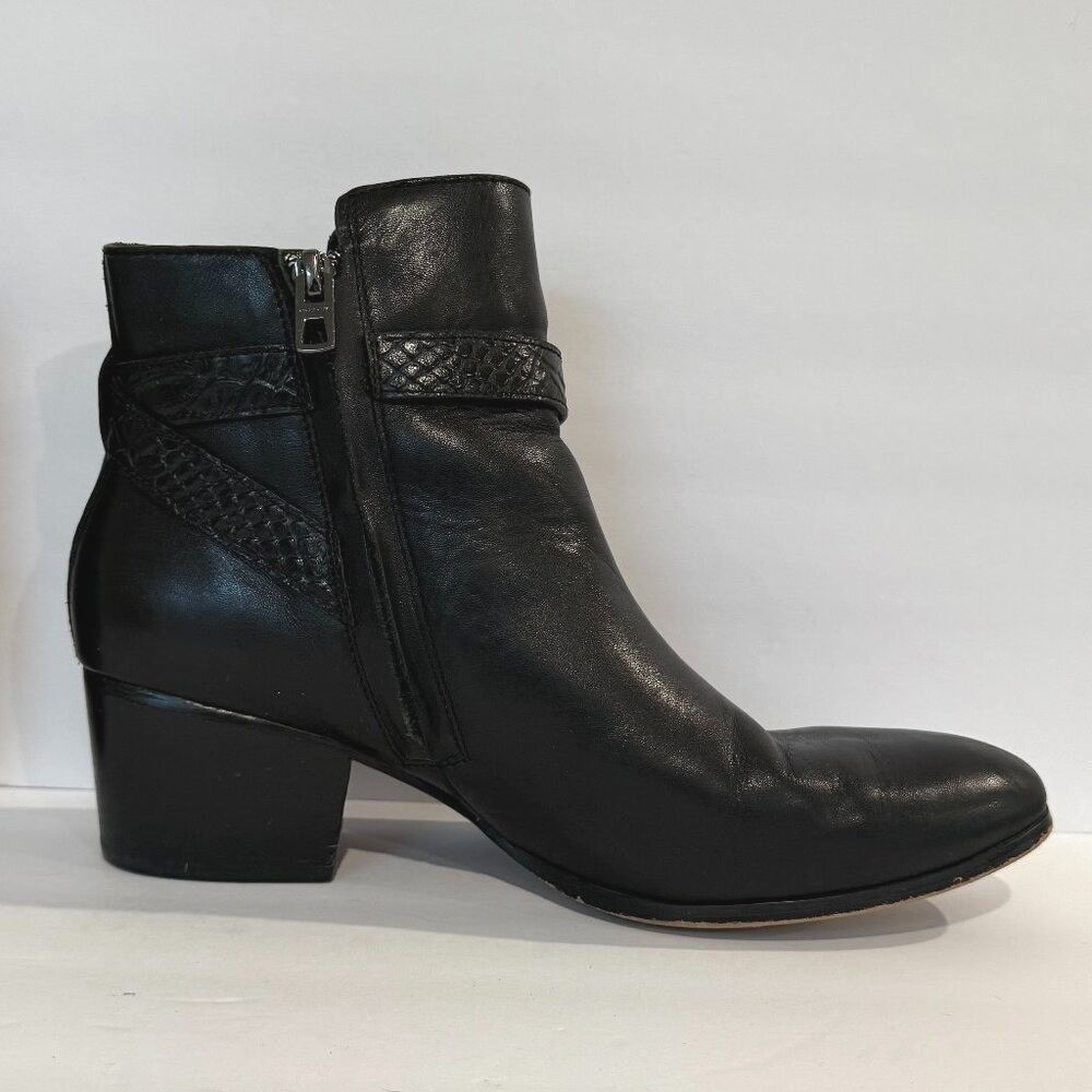 Coach Black Leather Snakeskin Strap Block Heel Ankle Booties Size 9B Round Toe - Picture 10 of 12